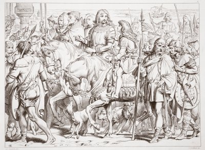 Jak Hereward vstupuje do zasvěcené pevnosti St. Bertin, ilustrace z Herewarda Velikého od Charlese Kingsleyho, hospoda. 1870, vyryl C.G. Lewis (rytina ocelového plechu) od Henry Courtney Selous