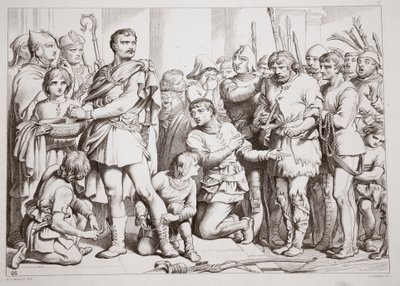 Jak si Hereward hrál na hrnčíře a podváděl krále, ilustrace z Herewarda Velikého od Charlese Kingsleyho, hospoda. 1870, vyryl C.G. Lewis (rytina ocelového plechu) od Henry Courtney Selous
