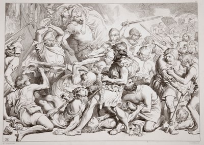 Jak Hereward zachraňuje Alftrudu, ilustrace z Hereward the Great od Charlese Kingsleyho, hospoda. 1870, vyryl C.G. Lewis (rytina ocelového plechu) od Henry Courtney Selous