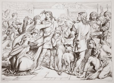 Jak Hereward zabil medvěda, ilustrace z knihy Hereward the Great od Charlese Kingsleyho, vyd. 1870, vyryl C. G. Lewis (rytina z ocelové desky) od Henry Courtney Selous