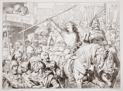 Jak Hereward změnil Berserkera, ilustrace z Hereward the Great od Charlese Kingsleyho, hospoda. 1870, vyryl C.G. Lewis (rytina ocelového plechu) od Henry Courtney Selous