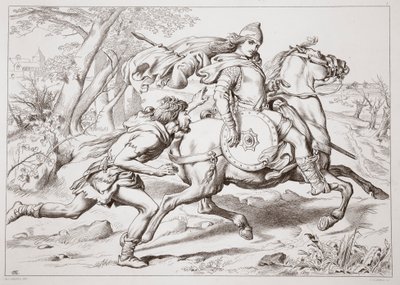 Jak Martin Lightfoot předbíhá Herewarda, ilustrace z Hereward the Great od Charlese Kingsleyho, hospoda. 1870, vyryl C.G. Lewis (rytina ocelového plechu) od Henry Courtney Selous