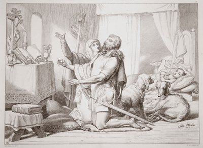 Jak Torfrida učí Herewarda modlit se, ilustrace z Herewarda Velikého od Charlese Kingsleyho, hospoda. 1870, vyryl C.G. Lewis (rytina ocelového plechu) od Henry Courtney Selous