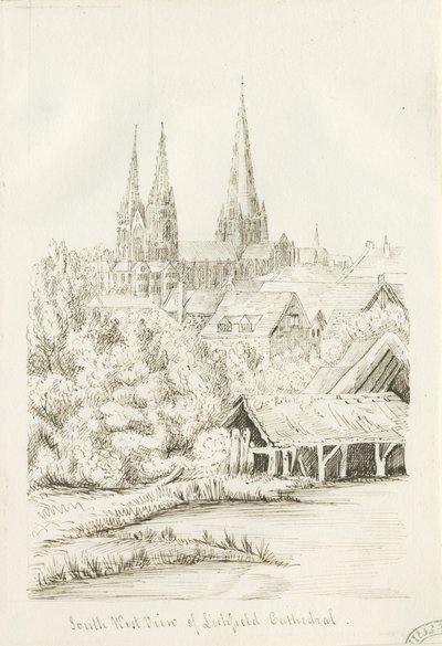 Katedrála Lichfield – pohled na jihozápad: kresba perem, nd [?1788-1855] (kresba) od Henry Curzon Allport