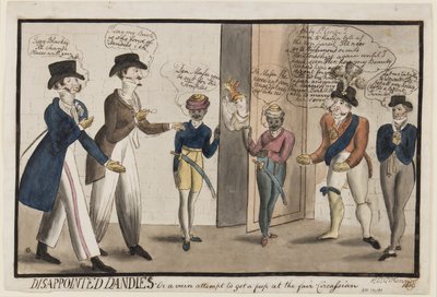 Zklamaní Dandies: Aneb marný pokus nahlédnout do čerkeského veletrhu, 1819 (pero, štětec, inkoust a wc na papíře) od Henry E. O. OConnor