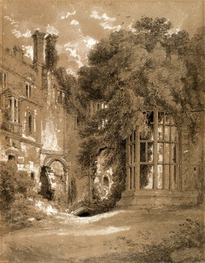 Kenilworth Castle (černá křída s šedým lemováním zvýrazněným bílou na hnědém papíře) od Henry Edridge