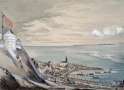Pevnost a vesnice Mackinaw, s indiánským táborem, září 1842 (wc na papíře) od Henry Francis Ainslie