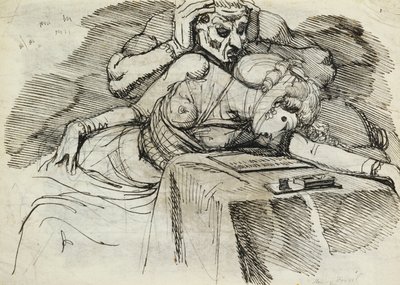 Žena omdlévající u psacího stolu s hrozivou postavou vzadu od Johann Heinrich Füssli