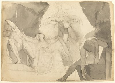 S pomocí Eeriboia odnáší Hermes vyčerpaný Ares ze spících synů Aloea (recto); Náčrt jednoho ze spících synů Aloea (verze) od Johann Heinrich Füssli