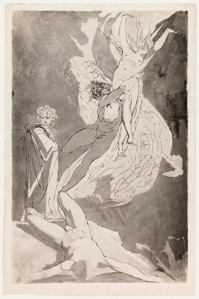 Dante mdloby před vznášejícími se dušemi Paola a Francescy, Virgil po jeho boku od Johann Heinrich Füssli