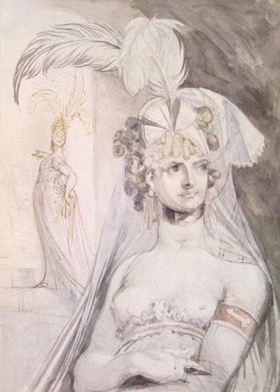 Poloviční postava kurtizány s peřím, mašlí a závojem ve vlasech, 1800-10 (tužka, wc a inkoust na papíře) od Johann Heinrich Füssli