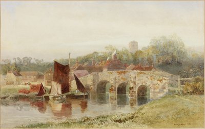 Vesnice s mostem (akvarel na papíře) od Henry George Hine