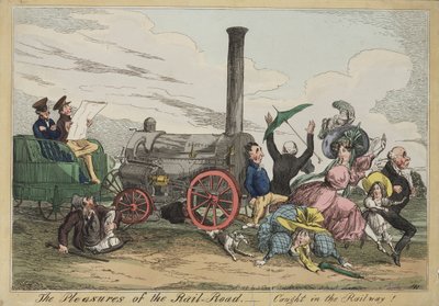 The Pleasures of the Rail Road - Caught in the Railway!, kolem 1840 (ručně kolorovaný lept) od Henry Heath