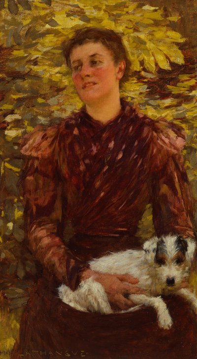 Mladá dívka se psem (olej na plátně) od Henry Herbert La Thangue