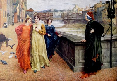 Dante Alighieri se setkává se svou múzou Beatricí Portinari ve Firenze od Henry Holiday
