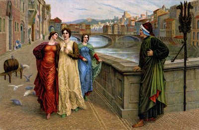 Dante Alighieri se setkává se svou múzou Beatricí Portinari ve Firenze, asi 1890 (tisk) od Henry Holiday
