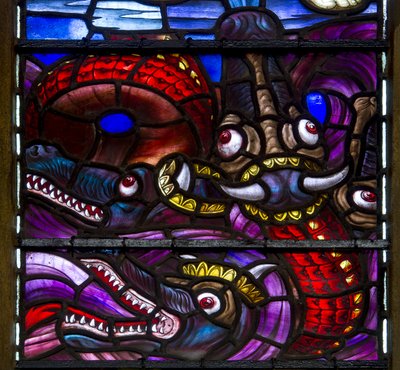 Yeovil, St John The Baptist, Lowndes & Drury, Henry Holiday, The Dragons detail, 1917-18 od Henry Holiday