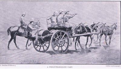 Polní telegrafní vozík, z knihy After Pretoria: The Guerilla War vydané Harmsworth Bros Limited, 1901. od Henry Inglis Jodrel Sheldon Williams