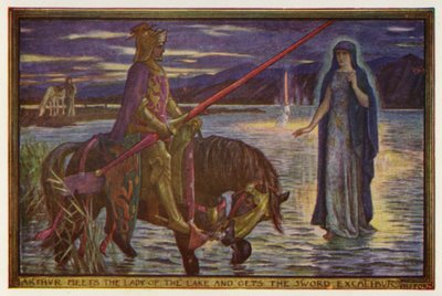 Arthur se setkává s Paní jezera a získává meč Excalibur (barevný litho) od Henry Justice Ford