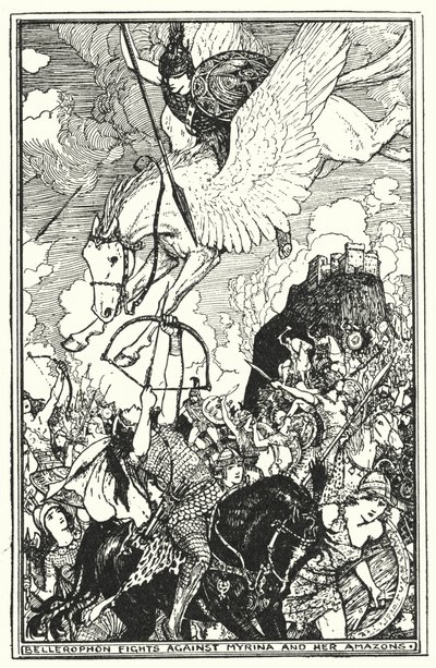 Bellerophon bojuje proti Myrině a jejím Amazonkám (litho) od Henry Justice Ford