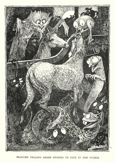 Blanche vypráví Jane ve stáji strašidelné příběhy (rytina) od Henry Justice Ford