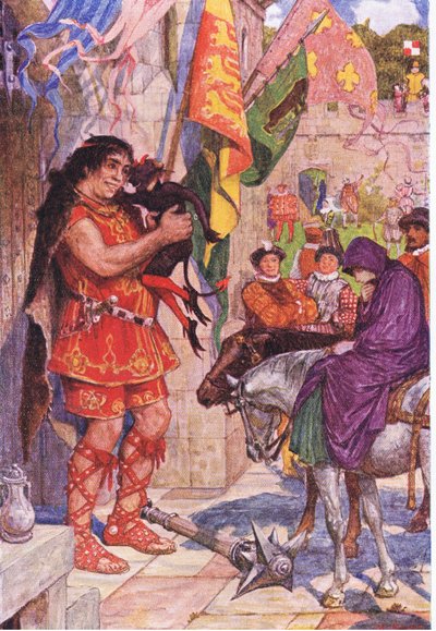 Flibbertigibbet oblečený jako ďábel uklidňuje obra, když Wayland přivádí Amy na hrad Kenilworth, ilustrace z Kenilworth, kolem roku 1910 od Henry Justice Ford