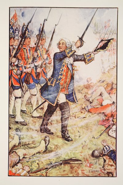 George II v Dettingenu, 1743, ilustrace z „Dějiny Anglie“ od C.R.L. Fletcher a Rudyard Kipling, 1911 od Henry Justice Ford