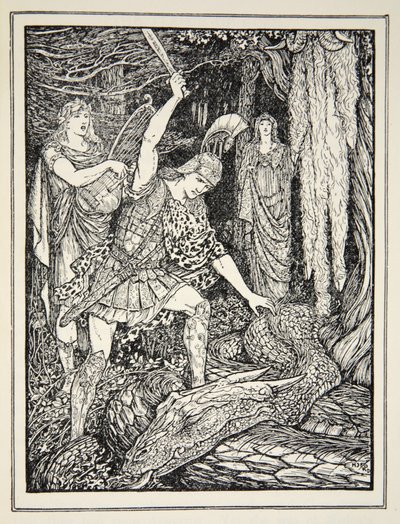 Jak byl zabit had, který střežil zlaté rouno, z „Příběhů řeckých moří“ od Andrewa Langa, 1926 (inkoust na papíře) od Henry Justice Ford