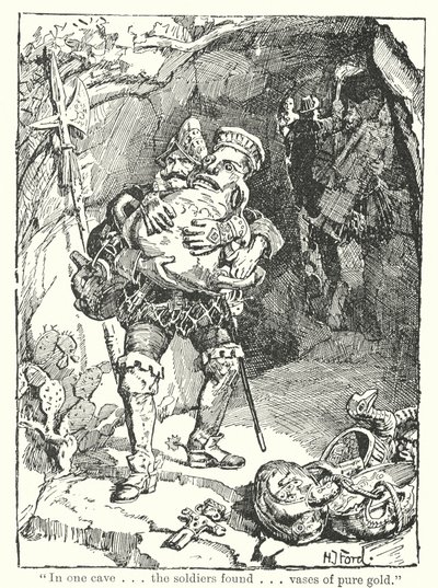 "V jedné jeskyni. Vojáci našli. Vázy z ryzího zlata" (litografie) od Henry Justice Ford