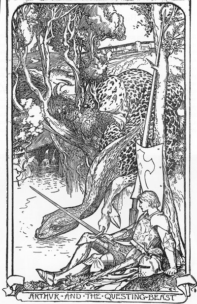 Král Artuš a pátrající bestie Ilustrace HJ Forda (1860-1940) z „Knihy romantiky“ 1902 Soukromá sbírka od Henry Justice Ford