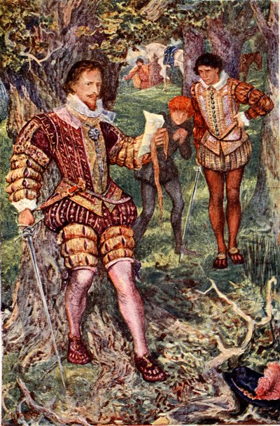 Leicester zabaví dopis od své manželky Amy, vyprávějící o Varneyho spiknutí s cílem ji otrávit, ilustrace z „Kenilworth“ od sira Waltera Scotta, vydané v roce 1912 (barevné litho) od Henry Justice Ford