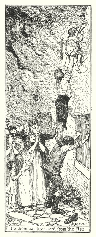 Malý John Wesley zachráněn před ohněm (litho) od Henry Justice Ford