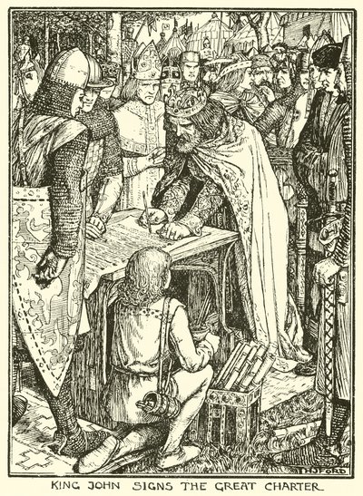 Magna Charta. Král Jan podepisuje Velkou chartu (rytina) od Henry Justice Ford