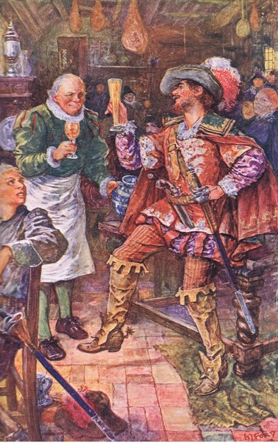 Michael Lambourne pije s hostinským z Černého medvěda, ilustrace zKenilworthu, asi 1910 od Henry Justice Ford
