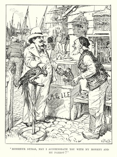 "Monsieur Dumas, mohu vás ubytovat se svou opicí a papouškem" (rytina) od Henry Justice Ford