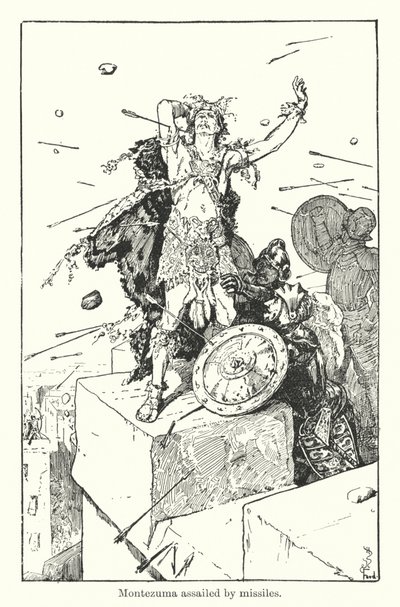Montezuma napaden střelami (rytina) od Henry Justice Ford