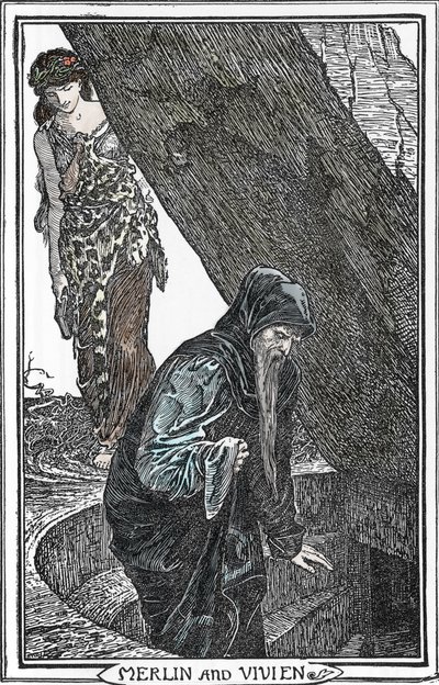 Znázornění kouzelníka Merlina a Fee Viviane (Merlin anc Vivien) Ilustrace Henry Justice (HJ) Ford (1860-1941) z „Knihy romantiky““ 1902 Collection privee od Henry Justice Ford