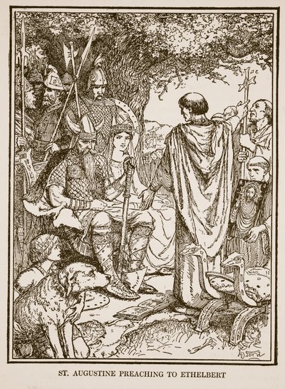 Svatý Augustin káže Ethelbertovi, ilustrace z „Historie Anglie“ od C.R.L. Fletcher a Rudyard Kipling od Henry Justice Ford