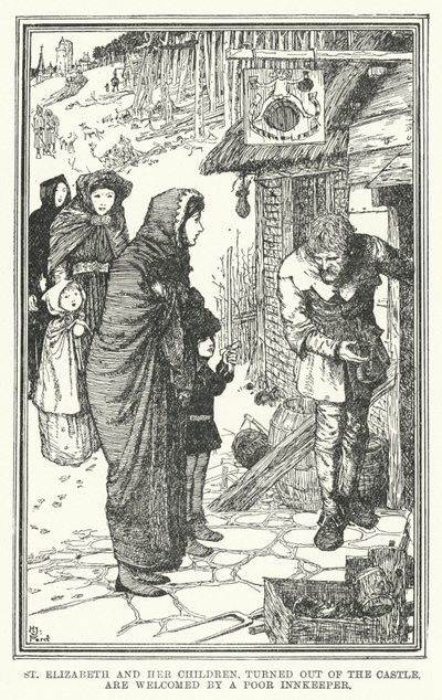 Svatá Alžběta a její děti, vyvrácené z hradu, jsou přivítány chudým hostinským (litho) od Henry Justice Ford