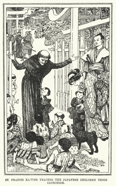 Svatý František Xaverský učí japonské děti jejich katechismus (litho) od Henry Justice Ford