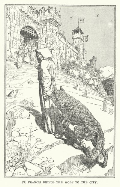 Svatý František přináší vlka do města (litho) od Henry Justice Ford