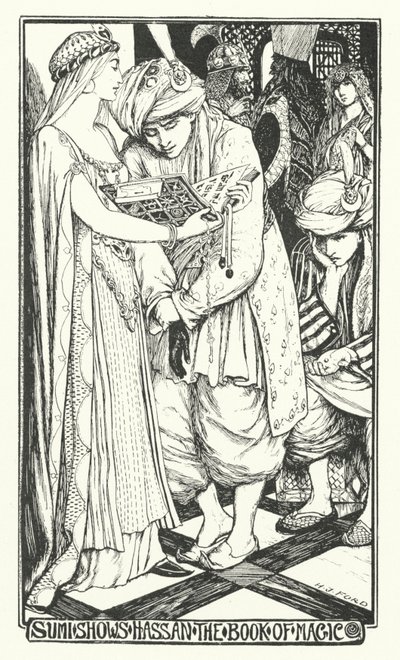 Sumi ukazuje Hassanovi knihu kouzel (rytina) od Henry Justice Ford