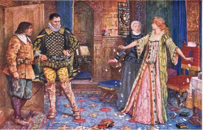 Hraběnka z Leicesteru trhá dopis svému manželovi v přítomnosti Varneyho a Fostera, ilustrace z Kenilworth, kolem roku 1910 od Henry Justice Ford