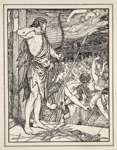 Ulysses střílí první šíp na Wooers, z „Tales of the Greek Seas“ od Andrew Langa od Henry Justice Ford