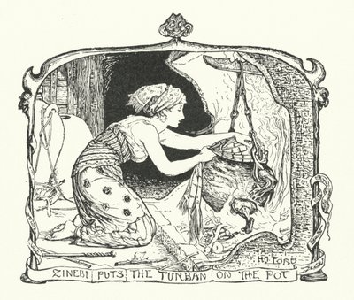 Zinebi klade turban na hrnec (rytina) od Henry Justice Ford