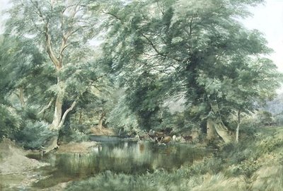 Krajina s jelenem pijícím z řeky od Henry Jutsum