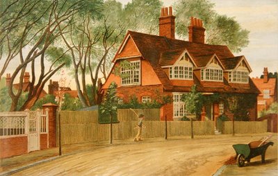 Queen Anne Gardens při pohledu na sever, Bedford Park, Chiswick (barevné lito) od Henry Marriott Paget