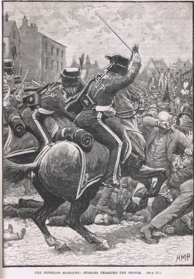 Masakr v Peterloo s husary útočícími na lid, ilustrace z Cassellových „Ilustrovaných dějin Anglie“, publikovaných kolem roku 1910 od Henry Marriott Paget