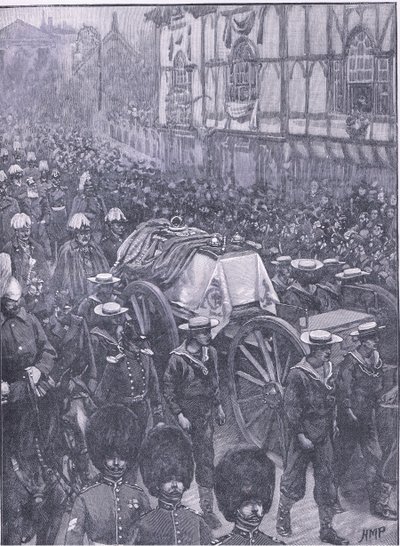 Pohřeb královny, poslední fáze, ilustrace z Cassells History of England, 1900s od Henry Marriott Paget