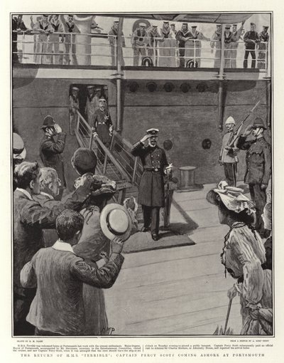 Návrat H. M. Hrozného, kapitán Percy Scott přichází na břeh v Portsmouthu od Henry Marriott Paget